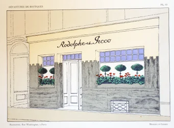 Restaurang, tallrik 13, illustration från Devantures de Boutiques av Louis-Pierre Sezille, Paris, 1927
