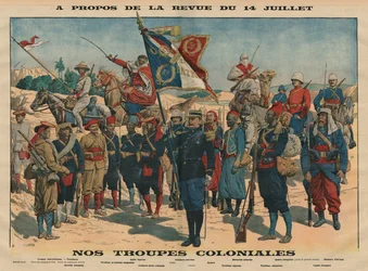 Paraden den 14 juli, våra kolonialtrupper, illustration ur «Le Petit Journal», illustrerat supplement, 13 juli 1913