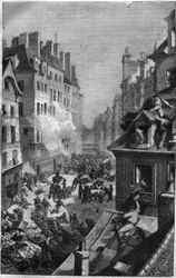 Revolutionen 1830: kamp i faubourg Saint Antoine. Gravyr i "Historien om påvarna-kungarna-drottningarna och kejsarna genom århundradena"" av Maurice Lachatre