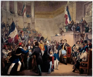 Revolutionen 1848. Hertiginnan av Orleans uppträdde i Deputeradehuset (nationalförsamlingen) med sina barn för att erhålla Regency (24 februari