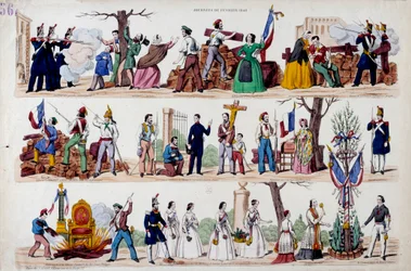 Februarirevolutionen 1848: de stora ögonblicken av upproret den 23 februari, barrikaderna, sedan förbrödringen mellan soldater, arbetare och borgare, förstörelsen av symbolerna för maktsymbolerna Louis Philippe I (Louis-Philippe) och slutligen