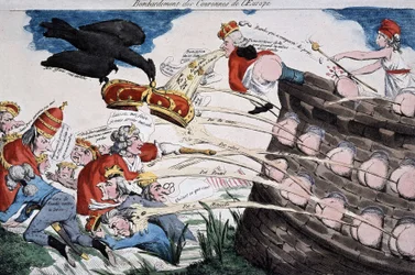 Revolutionärer ledda av Marianne bombarderar europeiska monarker med sin skit. Karikatyr publicerad under franska revolutionen. Etsning. 1792. Musée Carnavalet