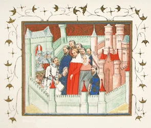 Richard II på Flint Castle där han levererades fånge till Bolingbroke, hans rival till tronen, faksimilkopia från Le Prinse et Mort du Roy Richart av Jean Creton, omtryckt 1800-talet (färg