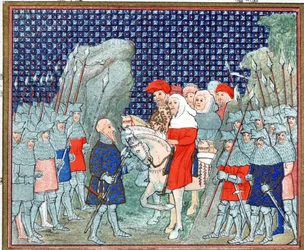 Richard II förrådd på Penmaur Rhos och tillfångatagen av hertigen av Northumberland, faksimilkopia från Le Prinse et Mort du Roy Richart av Jean Creton, omtryckt 1800-talet
