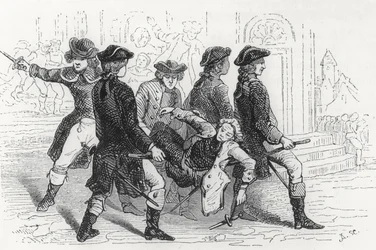 Riot in Rennes, wonded Gentleman, illustration från Bretagne och Vendee, History of the Revolution in the West av Pitre-Chevalier (1812-63) publicerad av W. Coquebert 1845-48
