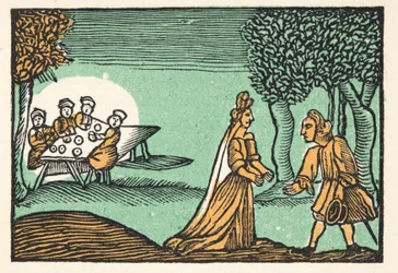 Riquet with the Tuft, från Historier eller berättelser om tidigare tider berättade av Mother Goose, With Morals, av M Perrault, pub. 1925 (handfärgat träblockstryck)