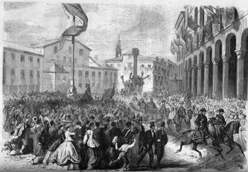 Risorgimento - Annexering av Venetien till Italien - 1866: den italienske kungen Vittorio Emanuele II (Victor Emmanuel II) (Victor Emmanuel) (1820-1878) inträde i Rovigo. Gravyr i "" Le Monde Illustré"" nr 488 av 18 augusti 1866.