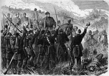 Risorgimento - Slaget vid Montebello della Battaglia (Italien), 21 maj 1859: Franske generalen Elie Frederic Forey (1804 - 1872), befälhavare för den italienska armén, triumferades av sina soldater efter segern över den österrikiska armén. Gravyr i "" Le M