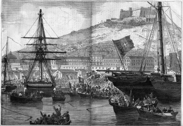Risorgimento, Neapel, 21 oktober 1860: flottans omröstning om stadens anslutning till kungariket Italien. Gravyr i "" Le Monde Illustré"" nr 186 av 3 november 1860.