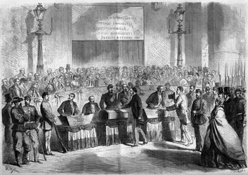 Risorgimento, Neapel, 21 oktober 1860: befolkningens röst i kyrkan Saint Francois de Paule om stadens anknytning till kungariket Italien. Gravyr i "" Le Monde Illustré"" nr 188 av 17 november 1860.