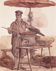 Rostade kastanjer säljare, tryck, Frankrike