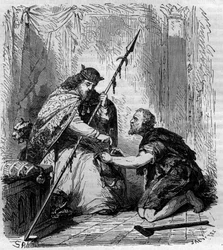 Robert II den fromme (972-1031), kung av Frankrike, som delar ut almoner. Gravyr i "Historien om påvarna-kungarna-drottningarna och kejsarna genom århundradena"" av Maurice Lachatre