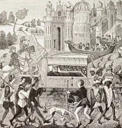 Robert I, hertig av Normandie, bärs i sin kista, ur "Military and Religious Life in the Middle Ages" av Paul Lacroix, utgiven i London ca 1880 (litografi)
