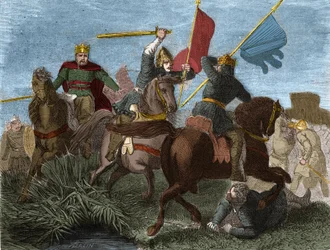 Robert I av Frankrike (865-923), krönt till Frankernas kung 922, dödad av Karl III:s soldat: Gravyr i "" Histoire de France populaire"" av Henri Martin. 1800-talet.