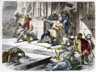 Robert fortet dog (cirka 815-866), hertig av Frankrike, under slaget vid Brissarthe, 866, och motsatte sig frankerna till en armé som kombinerade breton och viking. Gravyr i "" Histoire De France En Cent-målningar av Paul Lehugeur "" 1891