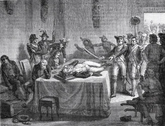 Robespierre väntar på avrättning efter att ha skjutit sig själv i käken 1794