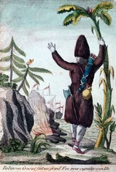 Robinson Crusoe gör upp eld för att uppmärksamma sin ö, Imagerie Basset (färggravyr)
