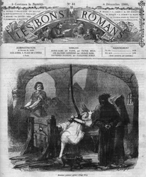 Romersk följetong: "" Notre Dame de Paris"" av Victor Hugo (1802-1885). Förhör och tortyr av Esmeralda. Gravyr i "" Les bons romances""