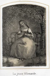 Romantik: en ung tysk kvinna som sitter på en bänk och tar av en tusensköna och tänker på sin älskare. Anonym gravyr från 1800-talet