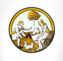 Roundel med par som spelar på Quintain, ca 1500 (glas, glasaktig färg och silverbets)