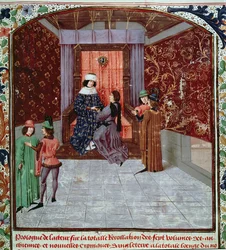 Roy 15 E IV f.14 Edward IV tar emot boken från författaren, från Old Chronicles of England, av Jean Batard de Wavrin, c.1470-80 (vellum)