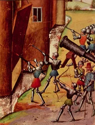 Roy 17 f.1 Soldater beväpnade med handkanoner som belägrar ett slott, från Quinte Curse Ruffe des Fais du Grant Alexandre, c.1468 (vellum)