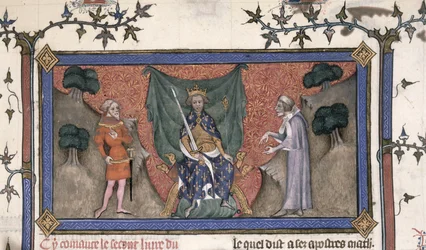 Roy 19 C IV f.154 Kung Karl V (1337-80) av Frankrike tronade med krona, svärd och spira mellan en riddare och en kontorist