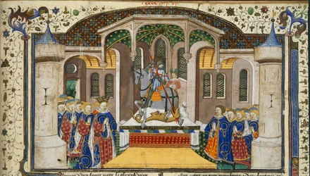 Royal 15 E. VI, f.439 Kung Henrik VI och riddare grupperade runt ett altare, som överträffas av St. George och draken, från 