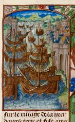 Royal 20 E. III, fol.186v Fransk flotta attackerad vid Sluys, från 