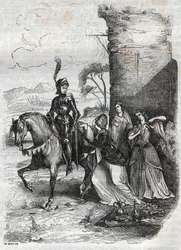 Ruggiero och tre nymfer från hovet i Alcina - gravyr från 1851 från dikten Orlando furioso