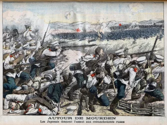 Rysk-japanskt krig - Japansk attack mot ryska skyttegravar vid Mukden, rysk-japanska kriget. Runt Moukden. Japanerna stormar de ryska skansarna. Illustration för Le petit Journal, 2 oktober 1904.