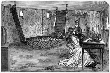 Ryska imperietåget som användes av hertigen och hertiginnan av Edinburgh 1874: sovrumsvagnen. Gravyr i "" Le Monde Illustré"" nr 886 av 6 april 1874.