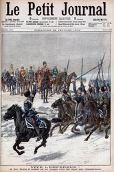 Rysk-japanska kriget 1904-1905 - Kosacker som hyllar tsar Nicholas II innan de reste till Fjärran Östern för att slåss mot japanerna i "Le Petit Journal", 28 februari 1904 (gravyr)