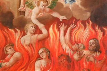 Saint-Nicolas de Veroce kyrka. Sista domen: fan. En grupp av de frälsta. Målning. Frankrike.
