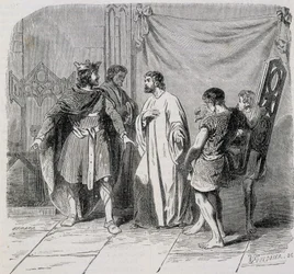 Saint Eloi och Dagobert: Dagobert blev förvånad när Eloi presenterade honom den andra fåtöljen - grav. 1800-talet