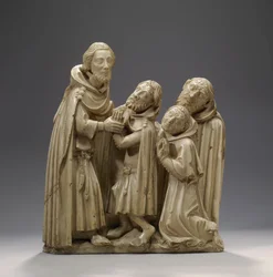 Saint Elzear of Sabran helar tre spetälska, ca 1373 (alabaster)