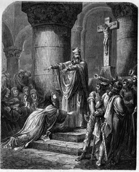 Saint Medard av Noyon (död 560) erbjuder religiösa kläder till Saint Radegonde (ca 520-587) hustru till kung Clothaire.