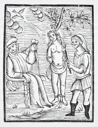 Saint Reine torteras, hennes hud slits av järnkammar, på befallning av Olibre, för att hon vägrar att förneka hennes tro