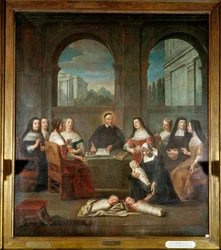 Saint Vincent de Paul och välgörenhetsdamerna Representation av Saint Vincent de Paul, präst, grundare av etableringen av välgörenhetsdöttrarna 1634 (1576-1660) omgiven av nunnor som tar hand om nyfödda och välgörenhetsdamer. Anonym målning o