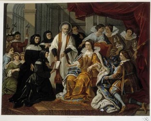 Saint Vincent de Paul presenterar till Anne av Österrike de första välgörenhetsdöttrarna (även kallade "Systrar till Saint Vincent de Paul") - från en målning från 1700-talet.