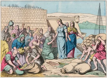 Sainte Genevieve delar ut mat till folket under belägringen av Paris av hunnernas armé av Attila år 451 (barbarinvasioner) - Sainte Genevieve och folket i Paris - Gravyr av slutet av 1800-talet i "Nos Gires Nationales - Bilder