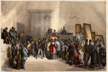 Försäljning av målningar på auktionsförrättarnas hotell i Paris 1868. Gravyr i "" L