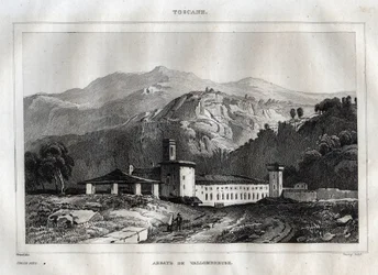 Santa Maria di Vallombrosa Benediktinerklostret beläget i kommunen Reggello, i Toscana - Vallombrosaklostret - Gravyr från "" Italien Pittoresk"" - Historisk och beskrivande målning av Italien"" av M. de Norvins, Ch. Nodier 1834-1836.