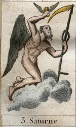Saturnus, jordbrukets och skördens gud, avbildas med en skära. Ur «Ungdomens mytologi» av Pierre Blanchard, 1803.