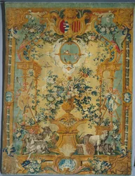 Savonnerie Panel: Fjäder med vapen, tillverkare Savonnerie Factory, Frankrike, före 1717