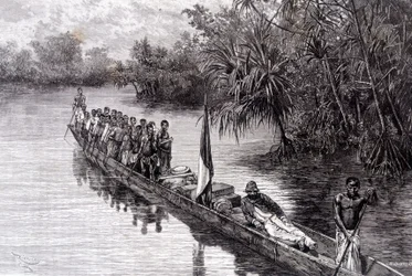 Savorgnan av Brazza i en kanot i pandanus i Västafrika - i "" Tour du Monde"", 2:a veckan 1887