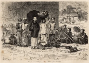 Scene du marche de Saigon, gravyr efter en teckning av D. Maillard, som illustrerar resan till Cochinchine, av doktor Morice, 1872, publicerad i "" Le tour du monde"" 1875, redigerad av Edouard Charton, Hachette-upplagan, Paris. Selva samling.