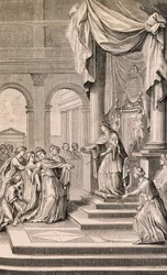 Scen ur Esther av Jean Racine (gravyr)