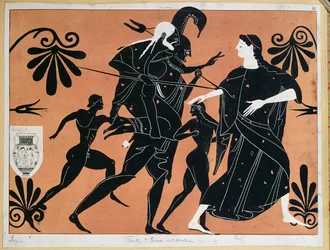 Scen från en antik grekisk vas som skildrar Aeneas flykt från Troja med sina söner och med fadern Anchises på ryggen