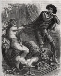 Scen ur Bibeln: "" Hon grep den alltför dygdiga unge mannen i hans tunika""". Hustrun till Putifar (Potifar) försöker förföra Josef, en slav till farao. Gravyr från 1871 i "Histoire Des Cocus Celebres"" av Henry de Kock (1819-1892).